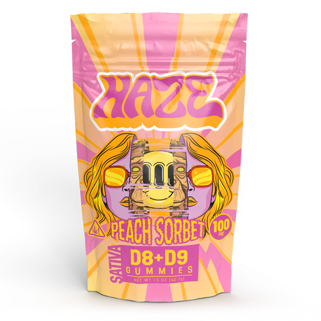 Haze Peach Srobet D8+D9 100mg Per Gummy Sativa 10 Gummies Per Bag